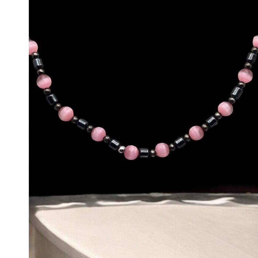 Pink Cat Eye & Hematite Beaded Necklace Soft Contrast - Dark Romance